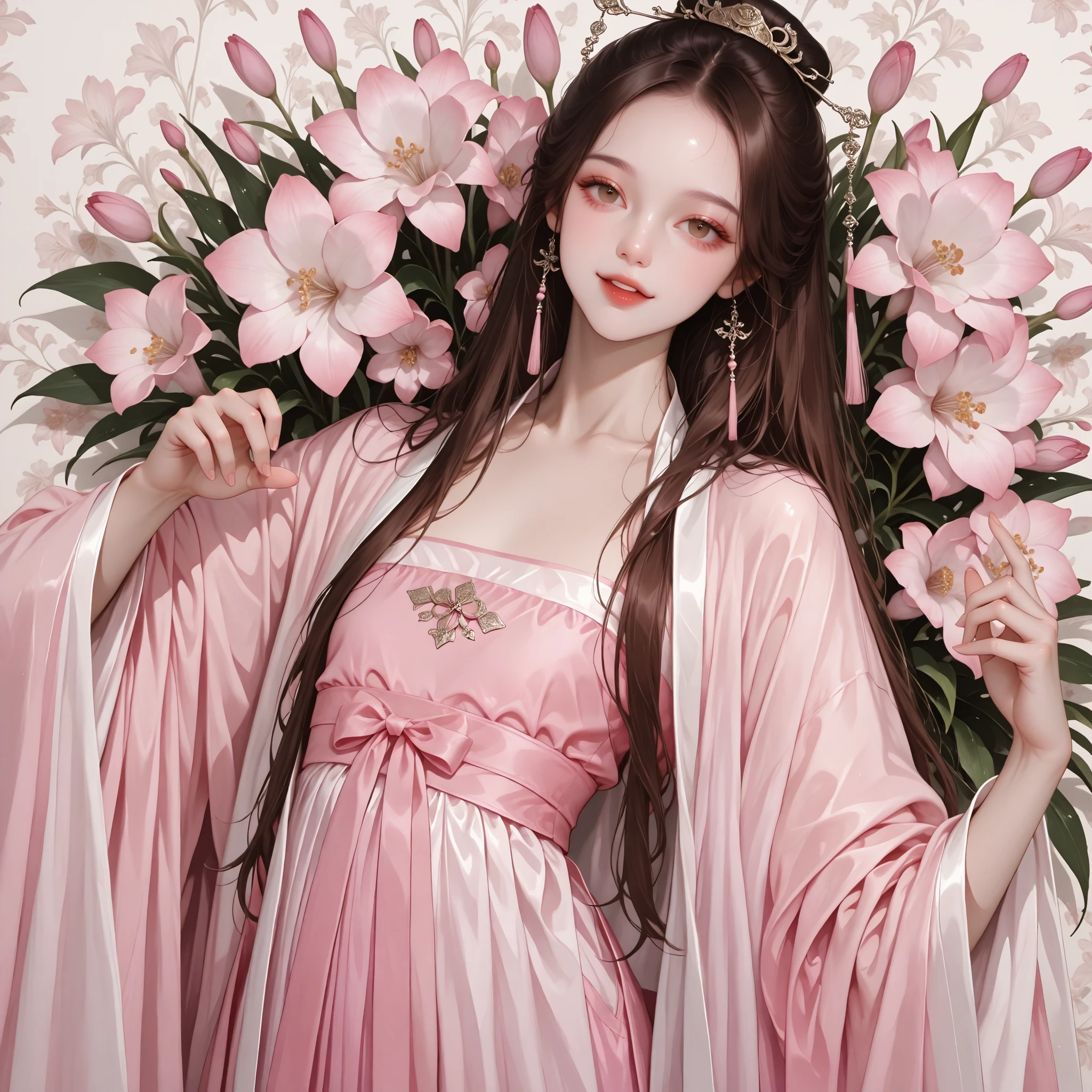 very aesthetic, 걸작, 고해상도, 8k 해상도, high contrast, (semi-realistic), newest, koreanai, best_quality, finely_detailed_eyes_and_detailed_face, (1 girl), beautiful, pretty, fantasy, solo, long_hair, (no bangs, forehead exposed), flat_chest, skinny, round_face, broad shoulders, short_height, short_girl, small_girl, brown_eyes,ruanyi0758,hanfu,pink dress,see-through,shawl,wide sleeves,jewelry, , open_mouth_smile, fighting_pose, kung_fu, martial_arts, black_hair, looking_at_viewer, standing, orchids background, dynamic_angle, dynamic_pose, upper_body_shot