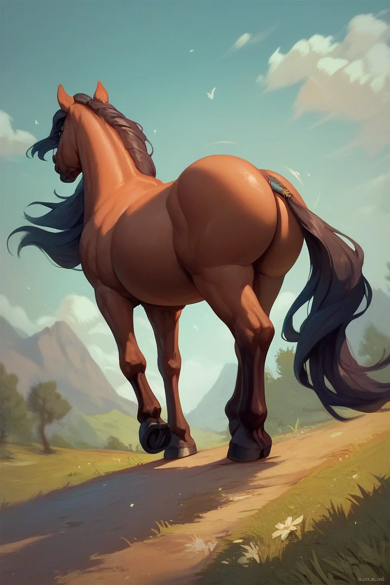 full rear view of a very huge fat very hairy (1,200) black(1,100) draft black horse stallion. 2 big lumps of horse excrement oozing out of rectum (1,20) at the centre of a big bum. huge stream of light yellow urine gushing out of tip of erect horse penis (20) flooding (1,80) the ground under horse. facing away from view point - towards horizon. open rectum and anus in full view tail to left side. ((masterpiece)), ((best quality)), ((highres)), ((extremely detailed)), (( long distance back view)), (super realistic) . anatomically correct. open field. bright sunny sky. (head(1,10), body, legs, hooves,(2.5)). hairy horse. 5 very large piles of horse dung around back of horse(1,20). horse ridden(1,5) by a BBW African(1,5) woman