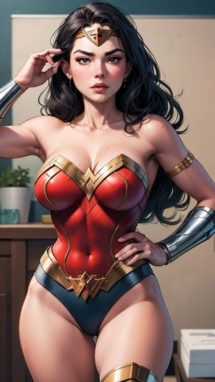 ((Masterpiece)), ((Best Quality)), ((Solo)), ((alone)), ((1girl)), Wonder Woman, (intricate details, makeup), (delicate and beautiful delicate face, delicate and beautiful delicate eyes, perfectly proportioned face), (realistically moist skin: 1.0), (drenched body: 0.5), (wet skin), wet hair, delicate skin, strong and realistic blue eyes, realistic black hair, lips, makeup, natural skin texture, tiara, jewelry, star \(symbol\), leotard, bulletproof gauntlet, red boots, golden girdle, (public clothing: 1.5), bare shoulders, slightly sunburned complexion, mature, sexy, toned muscles, (muscles:1.2), ((strong and healthy body)), ((((more) muscles))), long legs, curves, (big breasts: 1.3), thin waist, soft waist, (delicate skin), (beautiful and sexy woman), (swollen lips: 0.9), very delicate muscles, standing,(realistic: 1.5), photorealistic, octane rendering, hyperrealistic, tight modeling, (photorealistic face: 1.2), thick eyelashes, long eyelashes, (curly dark hair: 1.1), best quality, half smile, (looking at the viewer), sharp focus, (4k), (masterpiece), (best quality), fantasy, extremely detailed, intricate, hyper detailed, (perfect face), illustration, soft lighting,(specular lighting:1.4), blue eyes, absurdly photorealistic, ultra high resolution, intricate, hyperdetailed, (skindentation), female, detailed body, (detailed face: 1.1), (outlined iris), (hydrocolor lenses), (perfect eyes), 4k, gorgeous, (masterpiece: 1.2), (best quality:1.2), ((NSFW)), (((accurate anatomy))), (((Huge breasts))), ((long legs)), ((wide hips)), ((((Muscular Quadriceps)))), (((((Massive Female Bodybuilder))))), (((((Huge Muscles)))))