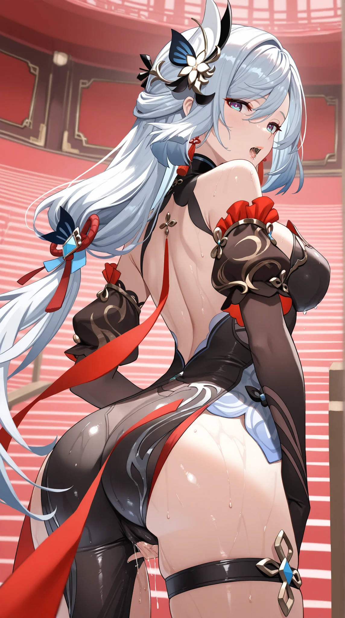 a girl,Sheep's horn, full color, long white hair, Red眼睛 ,Eyeliner, immerse in water, black transparent clothes, Red, open air, Rose, night, ruins, Butterfly,back view,big asutt close-up,camel toe,bend over,soaking wet