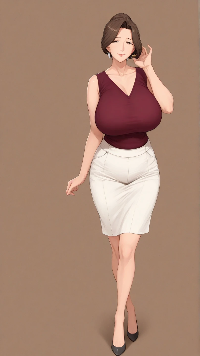 A cute sexy woman beautiful ash blonde hair round short messy cut her slanted orange eye wears white blouse under simple purple shirt and a tight black skirt black heel