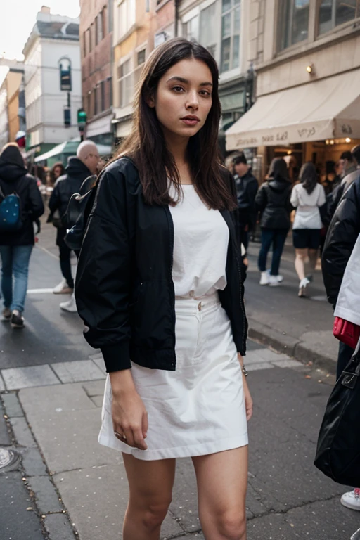 Upper body of a beautiful young girl, 17 years old, Indonesian, cheerful, white T-shirt, white jacket and pink skirt, street in the historic part of Paris, in the evening.