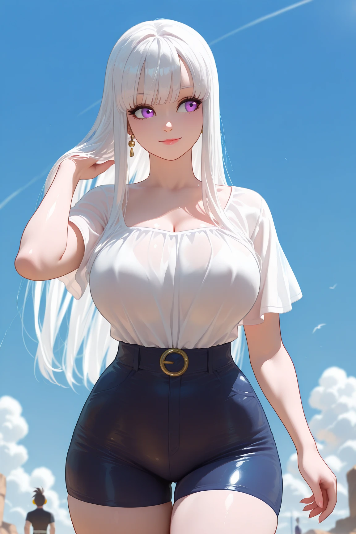 (best quality,highres:1.2),ultra-detailed,realistic,photorealistic:1.37,a beautiful girl (Mirajane Strauss from Fairy Tail) model in a pop style,18 years old,long legs,medium breasts,extremely detailed face (with emphasis on azure eyes),Her red-colored hair falls to her shoulders.She is dressed in short blue denim shorts and a short top (very shabby and torn in places),),bent down, lifting her ass to the top,more sexy pose,illustration,colorful pop art style,dynamic lighting,neon colors,sunglasses on head.Nsfw