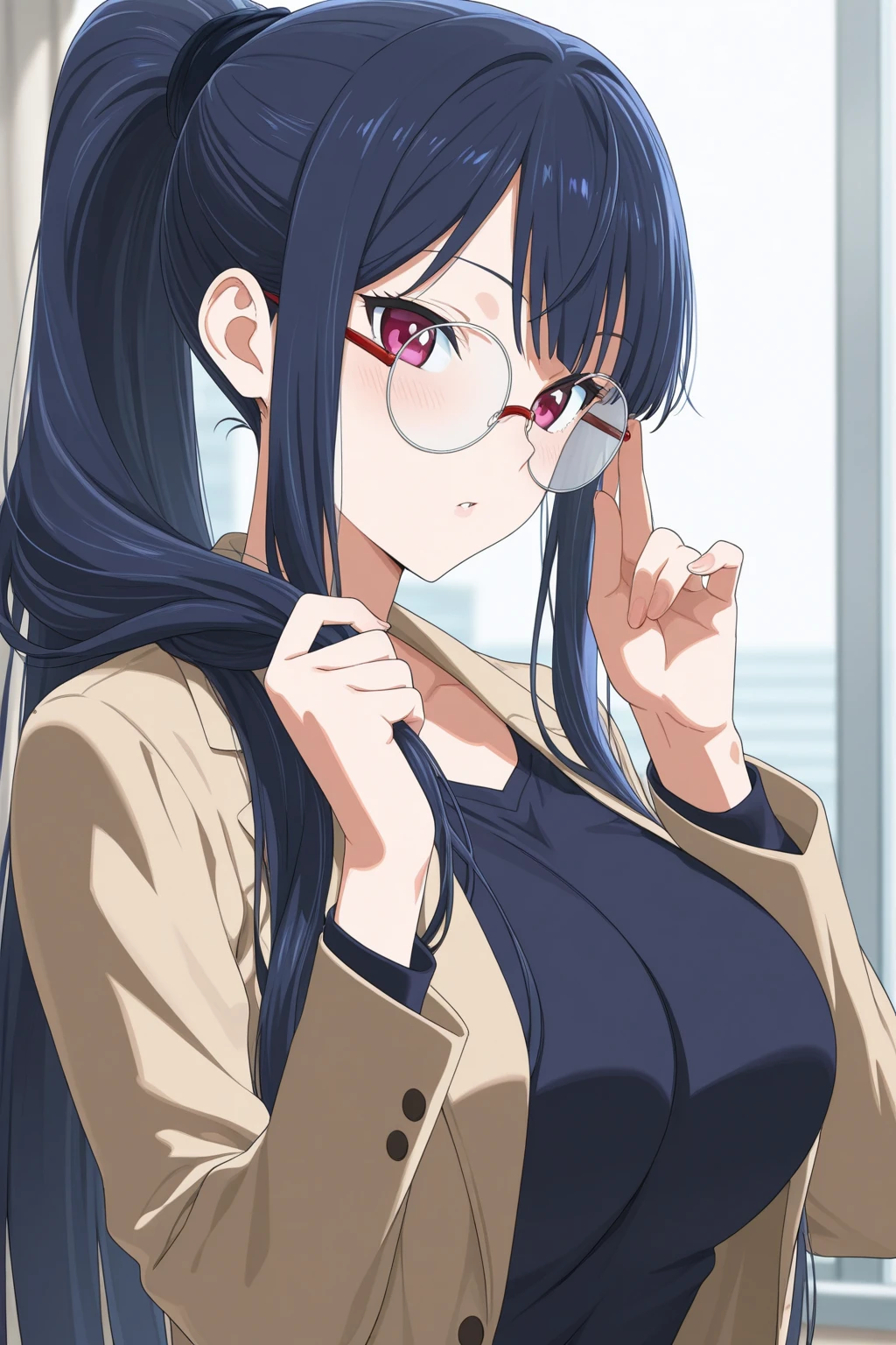1 girl, long hair, wearing glasses, wearing a school uniform that shows her cleavage, serious face