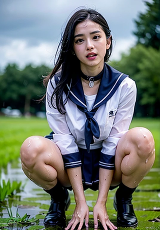 ((highest quality)), ((masterpiece)), 18 year old real Japanese beautiful high school girl、Summer school uniform、beautiful thighs、40cm miniskirt above the knee、My hair is wet from the heavy rain、Transparent due to heavy rain、My chest is wet from the heavy rain、short open chest shirt、Beautiful small cleavage、squat with legs apart、Being held by a man、My underwear gets wet from urinating、between legs、Sanitary napkins