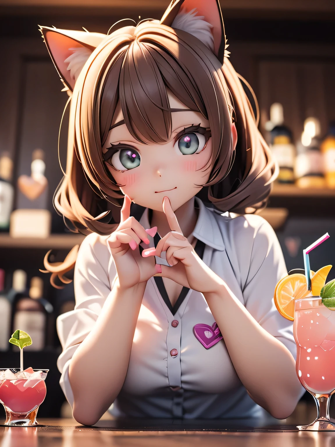 /*Cat ear bar*/,(((Cat ear barテンダーの可愛いらしさを様々An image created with a heart symbol:1.3))),(((rainbow-colored cocktail glass on the bar counter))),(((Colorful Light Production))),(((a curse with a moe moe kyun pose on a cocktail glass:1.3))),(((Build a heart shape with your finger and a heart shaped beam:1.3))),Low Angle,(creates a disturbance of clothing with a motion blur effect:1.3),professional lighting, Real Shadow,Extremely Delicate and Beautiful Hair,detailed clothing features,professional lighting, Real Shadow,uses shadows to project the target three-dimensionally,complicated details,clothes disturbed by movement,(((3D Images:1.3))),(image mode ultra HD),