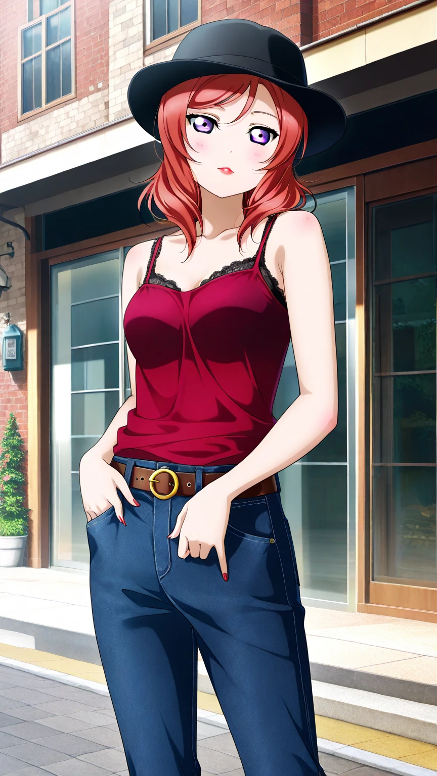 Masterpiece, best quality, love live style,solo , nishikino maki, red hair, purple eyes,hourglass body,busty,shirt, hat, jewelry, jacket, white_shirt, earrings, belt, pants, hand_up, necklace, bag, denim, jeans, handbag, orange_jacket, castlevania style 