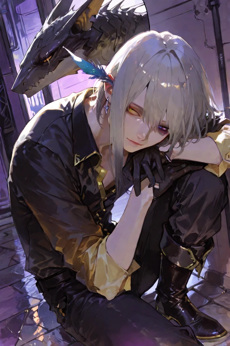 (well done: 1) man, long straight white hair, yellow eyes, black choker, loose white long-sleeved t-shirt, black fingerless gloves, black pants with some chains around them, black boots.