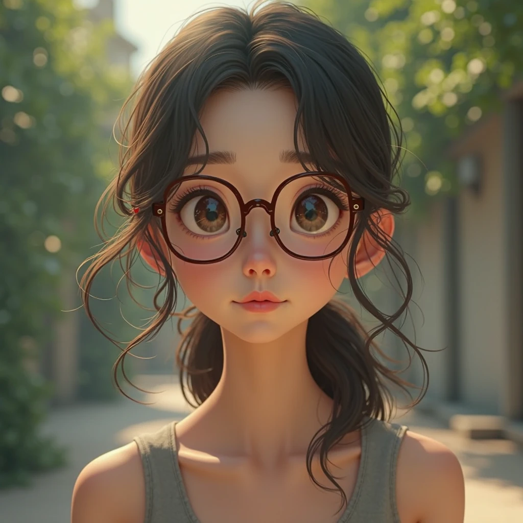 A town young girl with specs and tied hair in a ponytail wearing tshirt and mini skirt. She was immediately intrigued. "What if I could grow my own crystals?" she thought. Excited