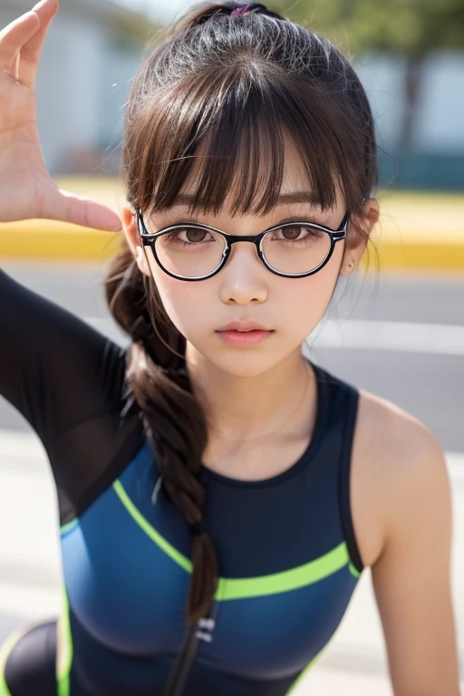women, glasses, realistic 4k playing badminton, professional lighting, sportswear, badminton court