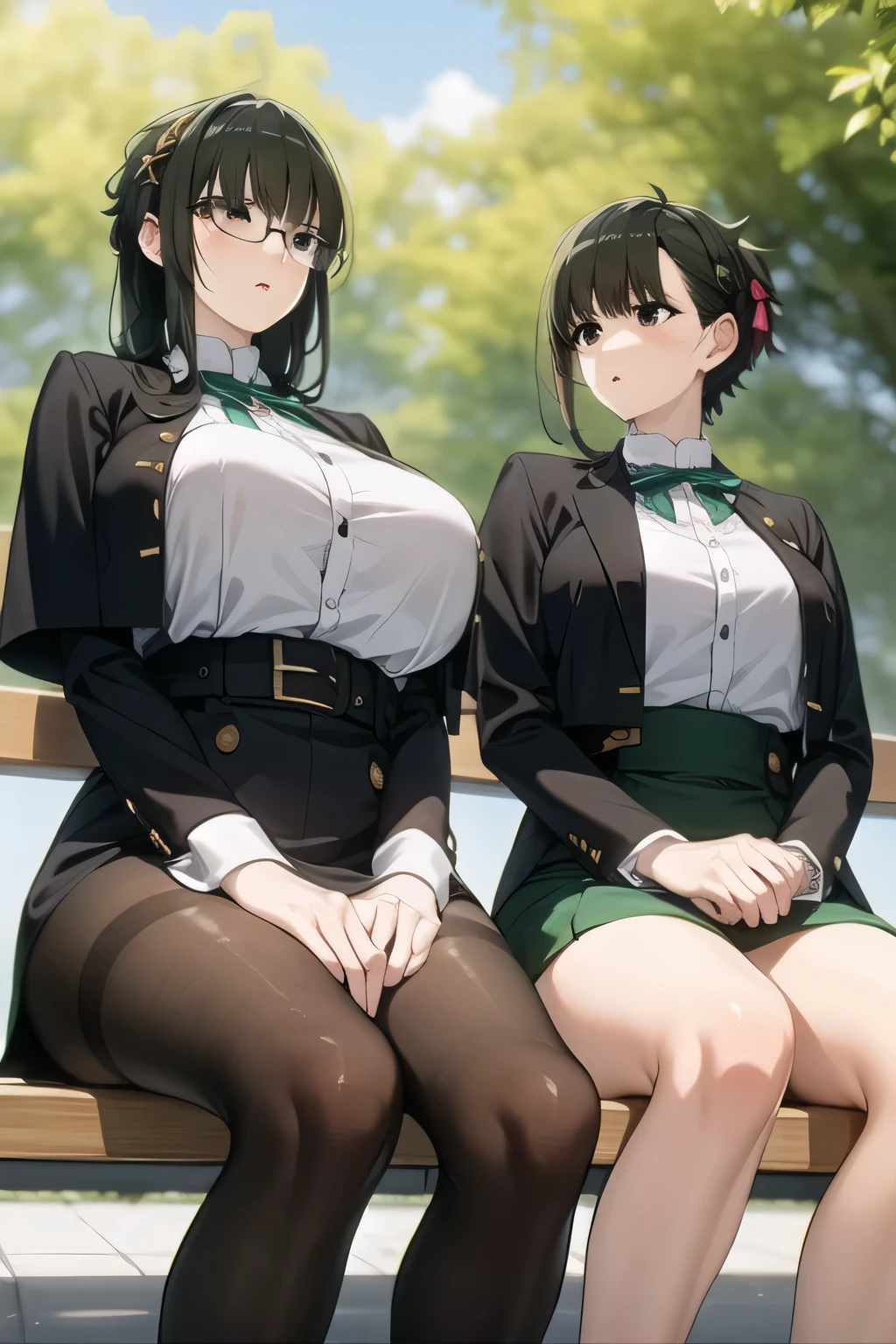 can you draw assassins wearing glasses in disguise,A woman with a sad expression with her glasses off, Black Haired Woman,Please draw more delicately,can you draw them sitting on a bench in a park in the woods and relaxing???,,business suit,tight miniskirt,uniform ,white scarf,high heels,,表情を最優先するのでFaces are very importantトリミングしないでください,,,爆big breastsをさらに爆big breastsに描いて下さい,,Walking Alone, The expression of a city floating in the sky ,only, , Big black wavy hair, , big breasts, thin waist , , ,Faces are very important,