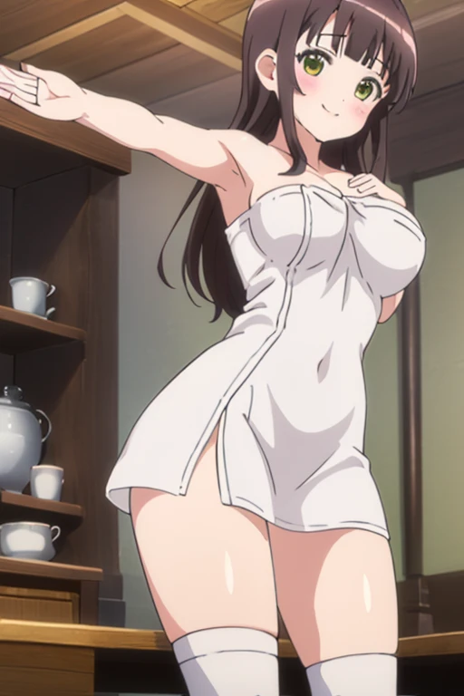 Naked apron, Black Hair,bangs,purple Eye,Long hair, White hair band, 1 girl, 20 years old,Young women,beautiful Finger,beautiful long legs,beautiful body,beautiful Nose,beautiful character design, perfect Eye, perfect Face,expressive Eye,Perfect balance, Looking at the audience,(Focus on her Face),Residence, (Innocent_Big goals_Eye:1.0),Light_Smile, Official Art,Extremely detailed CG unity 8k wallpaper, Perfect lighting,rich and Farbeful, bright_front_Face_Lighting,Light skin, (masterpiece:1.0),(the best_quality:1.0), 超high resolution,4K,Extremely detailed, photography, 8k, HDR, high resolution, absurdes:1.2, Kodak portra 400, Film Grain, Blurred background, bokeh:1.2, Lens Light Halo, (Full of energy_Farbe:1.2),Professional photographer, (beautiful_Face:1.5),(narrow_waist),slim, Smile, Happy