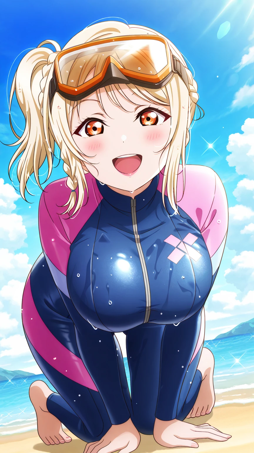 {{{masterpiece}}}, {{{best quality}}}, {{ultra-detailed}}, {illustration}, {{an extremely delicate and beautiful}}, (beautiful detailed eyes:1.6), extremely detailed face, 8k, anime face, BREAK,1gril, ruby hoshino(Oshi no Ko), cute face, (blonde hair:1.5), long hair, bangs, multicolored hair, two-tone hair, side ponytail, sidelocks, (pink eyes:1.5), (Star pupil in left eye:1.5), (Pink right eye:1.5), medium breasts, thin waist, big hips, curvaceous, BREAK,(gris swimsuit:1.2), panties on, Midriff, Navel, thighs thighs thighs thighs, Super shiny hair and skin, , (Sweaty body, Dynamism), A lively smile, Open mouth, Perfect eyes, Perfect hands, Perfect nose, arena, standing, outdoor, sky, daytime, Dutch angle