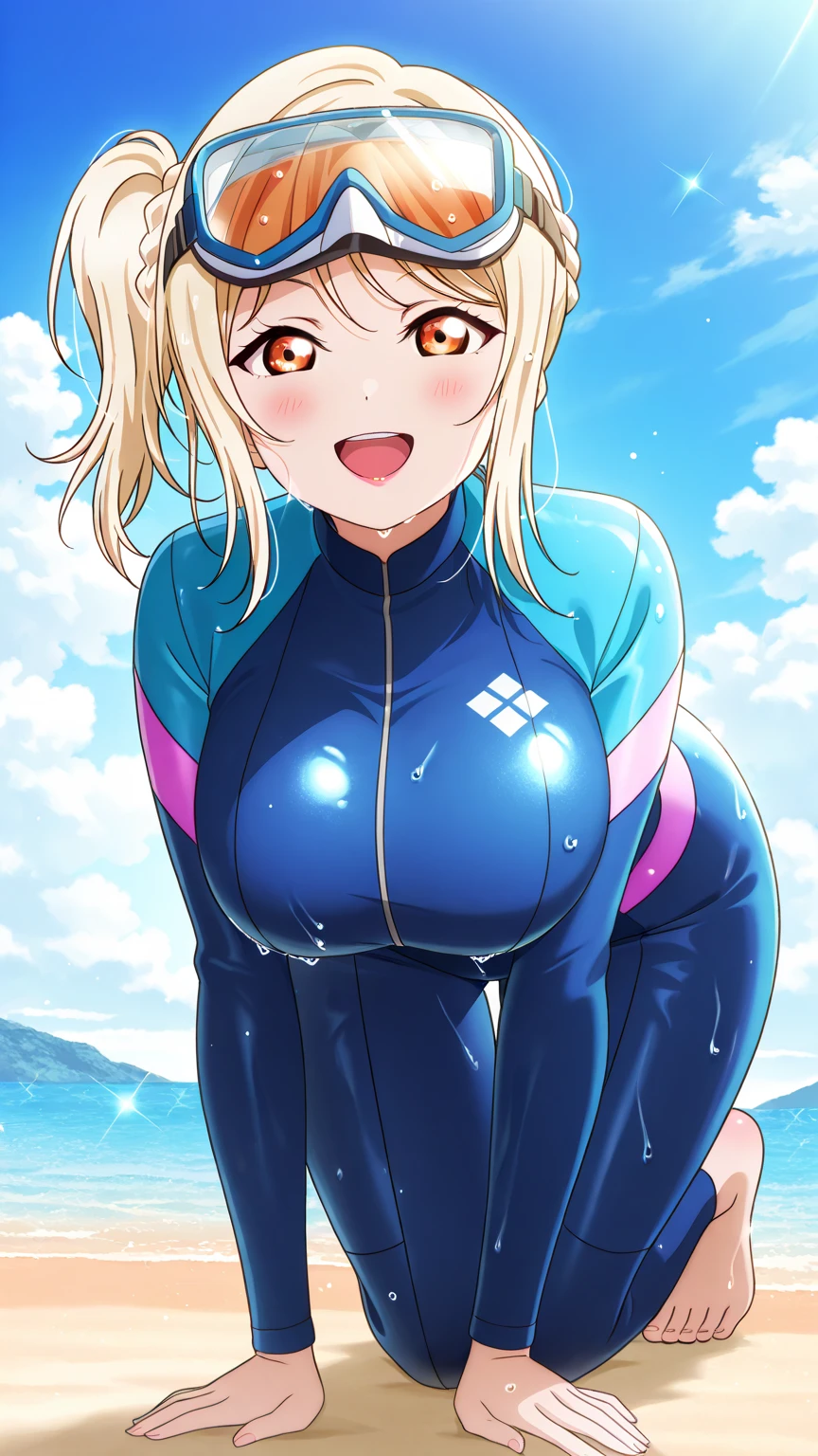 （（super high quality,Ultra-high resolution,16K,super masterpiece,Ultra HD,Ultra high definition,））One Girl,Bright pink and white wetsuit,Zipper open from neck to navel,Open chest,Tight collar,Looking at the camera,Waving happily,slouch,a blue sky with clouds and sun,
