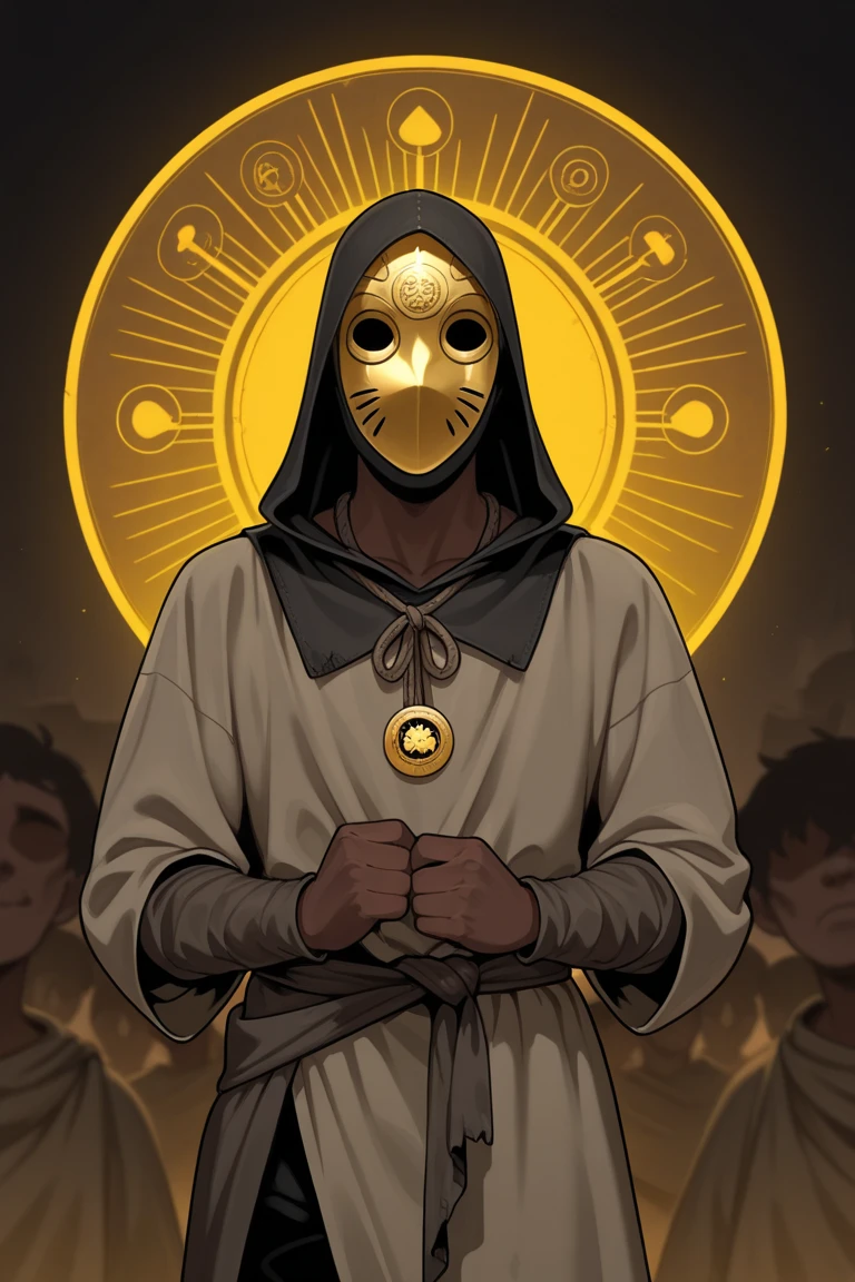 a black robe cultist, yellow horror cultist mask, surrounded by dark aura, yellow shadowy smoke, dark yellow tentacles, gore, horror, creepy, bloody, terror, dark ambient