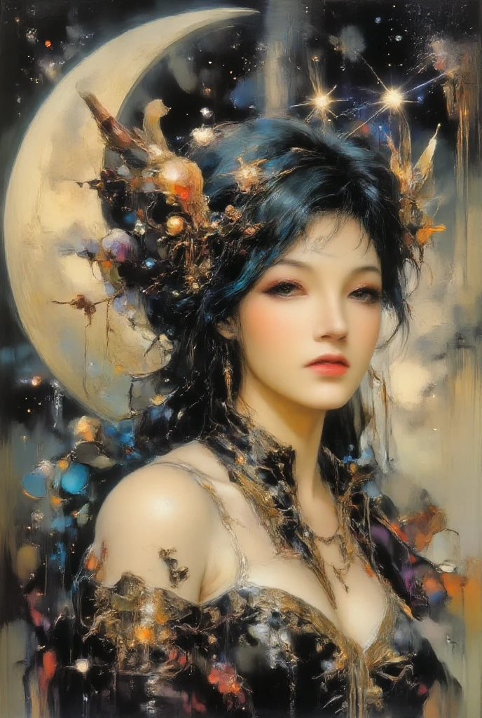 A majestic fantasy empress, Karol Bak, stands regally in a lush garden setting, adorned in a flowing black dress and shimmering gold cape. Softly lit by the warm glow of the sun, her ethereal beauty is accentuated by the vibrant greenery surrounding her. She poses confidently, one hand resting on the hilt of an ornate sword, while the other cradles a delicate flower. The composition showcases her striking features and flowing locks, as if plucked straight from the pages of a fantasy novel. Yoshitaka Amano's style is evident in the intricate details and dreamlike atmosphere.