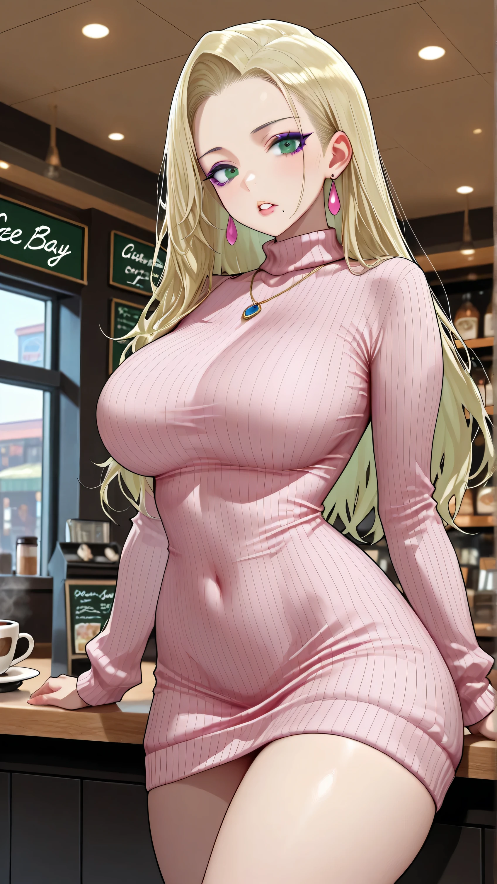 score_9, score_8_up, score_7_up, 1girl, solo, mkhekaren, perfect eyes, perfect face, KJOsayo, long hair, blonde hair, green eyes, mole under mouth, purple eyeliner, large breasts, perfect attractive curvy slim body, charming beauty, gorgeous body shapes, big hips, thick thighs, solo (Sexy Photoshoot), (Masterpiece, Best Quality) , pink fuchsia sweater dress, long sleeves, necklace, Charming beauty, looking at viewer, parted lips, dynamic pose, sexy pose, neer a bay windows, indoor, bay windows background, daylights, windows, in a coffee shop, trees, street in second plan