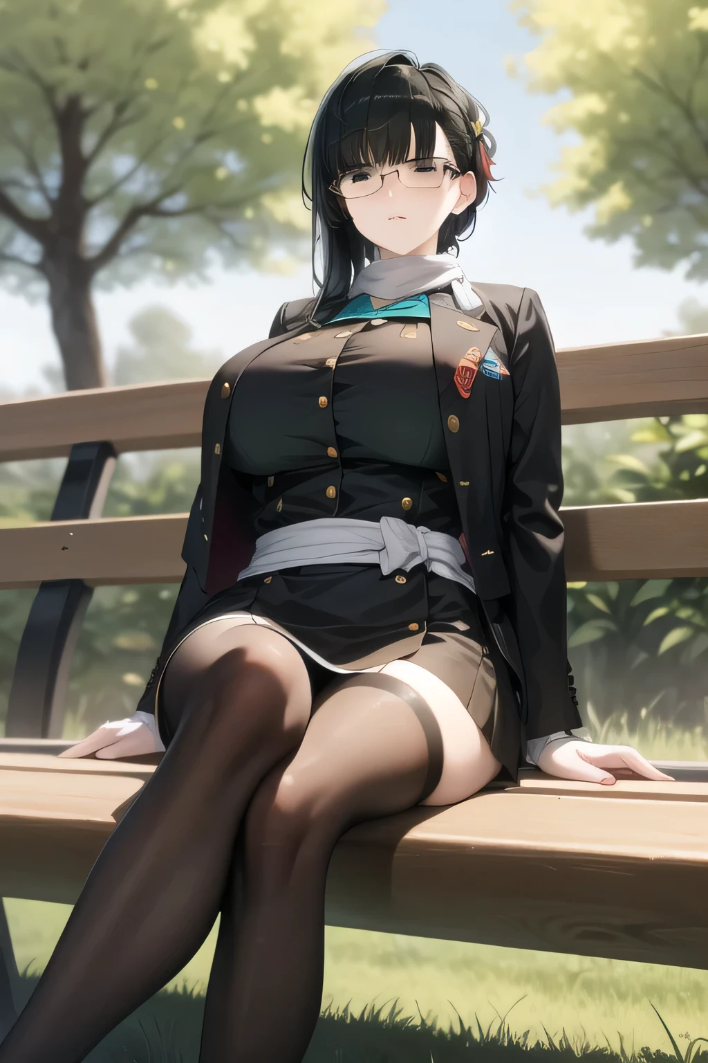can you draw an assassin wearing glasses in disguise,a woman with a sad expression with her glasses off, Black Haired Woman,Please draw more delicately,can you draw a relaxed figure sitting on a park bench in the woods???,,business suit,tight miniskirt,uniform ,white scarf,high heels,,表情を最優先するのでFaces are very importantトリミングしないでください,,,爆big boobsをさらに爆big boobsに描いて下さい,,Walking Alone, Expression of a city floating in the air ,only, , Big black wavy hair, , big boobs, thin waist , , ,Faces are very important,