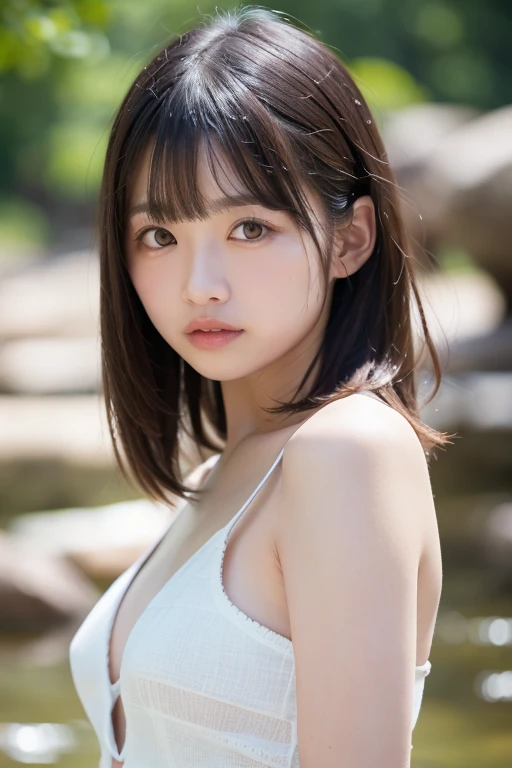 one girl, (a beauty girl, delicate girl:1.3), (16 years old:1.3),
BREAK,  (シャツ:1.2),
BREAK, (Small waterfall　background:1.2),
BREAK, very fine eyes, (symmetrical eyes:1.3),
BREAK, (big breasts:1.1), brown eyes, parted bangs, brown bobcut hair, round face, kawaii,
BREAK, (eyes and faces with detailed:1.0),
BREAK, (masterpiece, best quality, ultra detailed, detailed face, 8K)