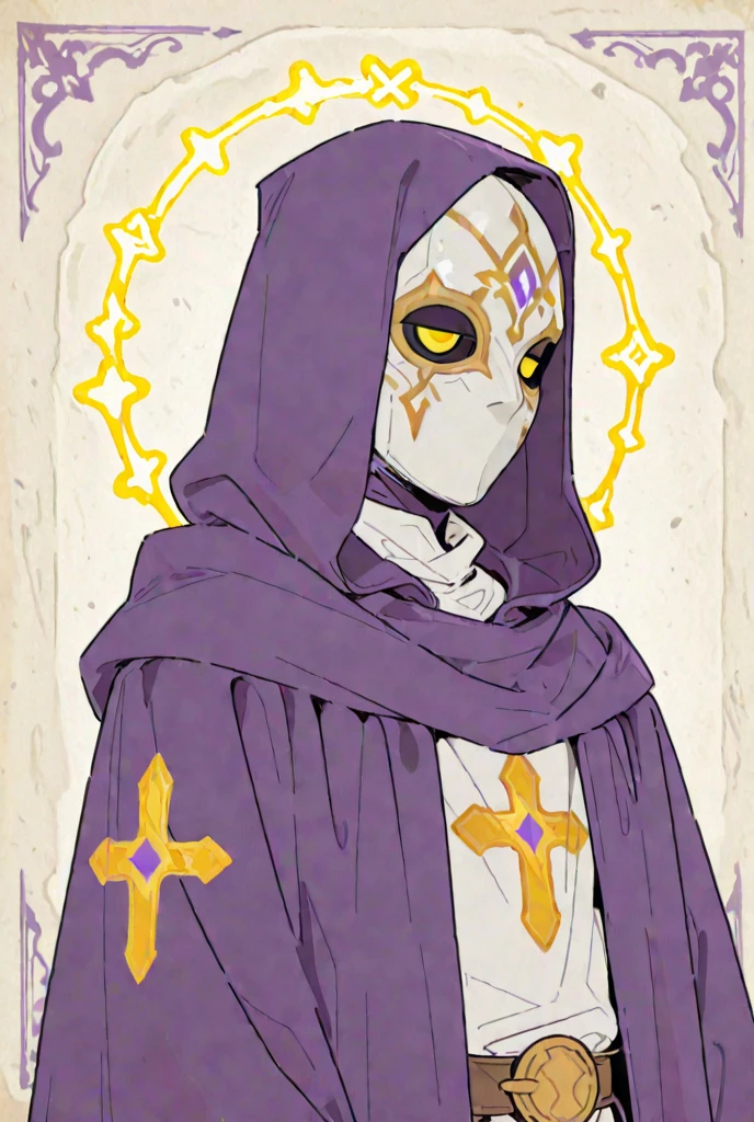 A woman with dark skin and long, pointed black nails. She wears a horse skull with bull horns as a mask, and a purple cape with gray and black adornments. The cape is like a cloak, covering the back and the right and left sides of the body. He also wears a dark gray cloth skirt with 6 purple dots, covering his entire hip. His torso is exposed, revealing a muscular body. Her chest is covered in a dark gray cloth with a magical rune printed on it. She is elegantly sitting on the roots of a tree, looking at her hand. In her hand, a transparent white magical pentagram is floating.