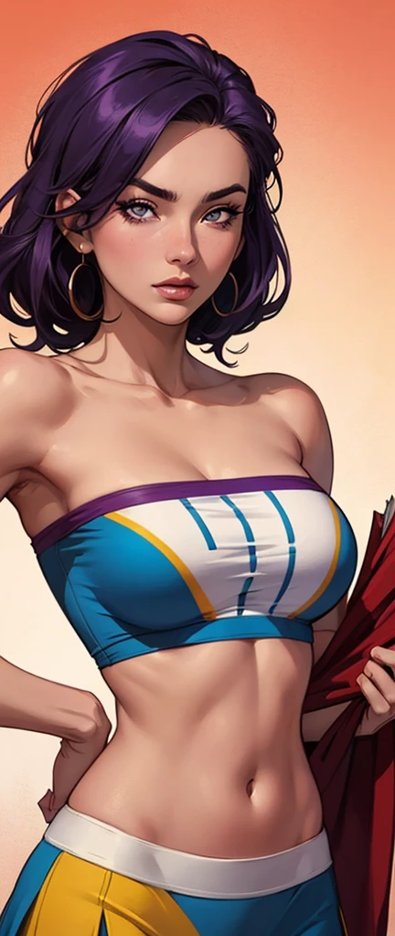 girl muscles large breasts black hair yellow eyes disappointed disdain disgusted annoyed
