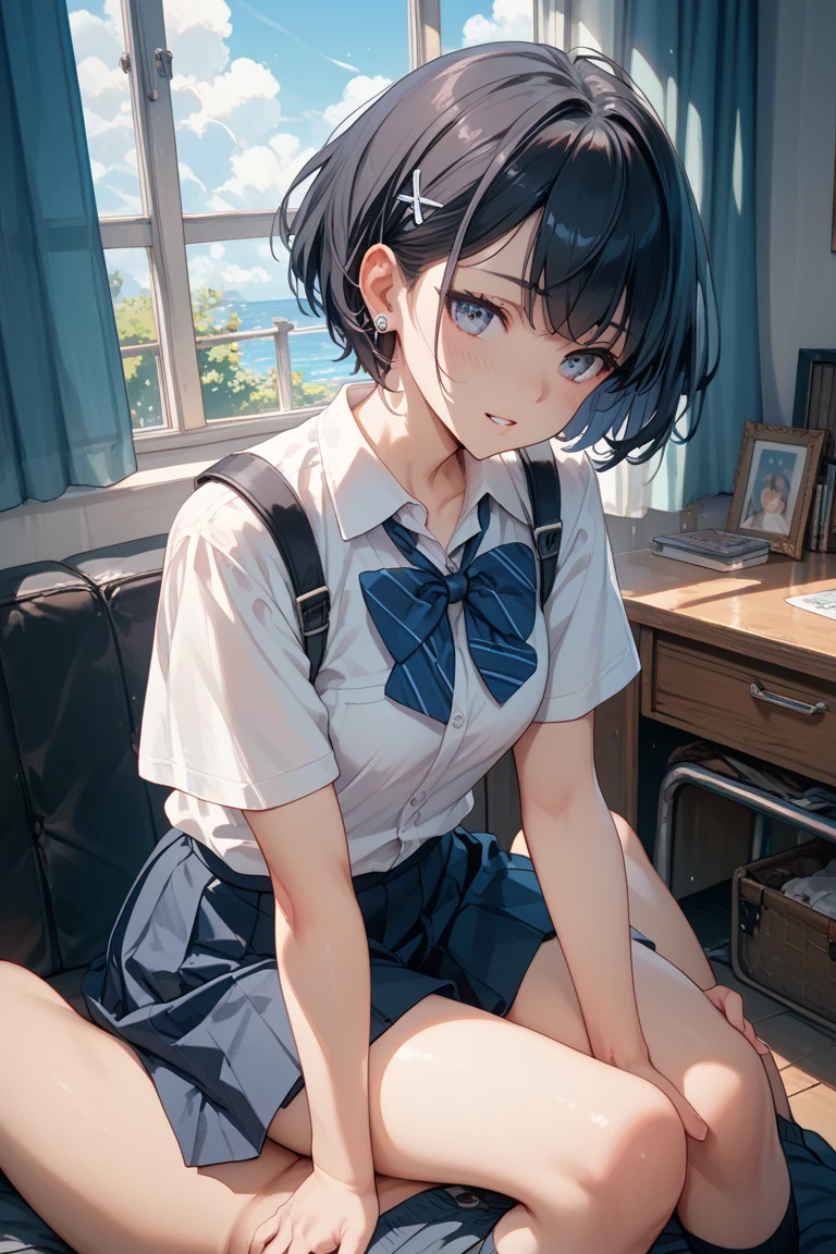 master piece, best quality, Altas, YM1, Blue sailor collar, blue skirt, short sleeves, white shirt, White socks, Serafuku, pleated skirt, School uniform, Blue sheet, sitting, classroom, window, hand up,