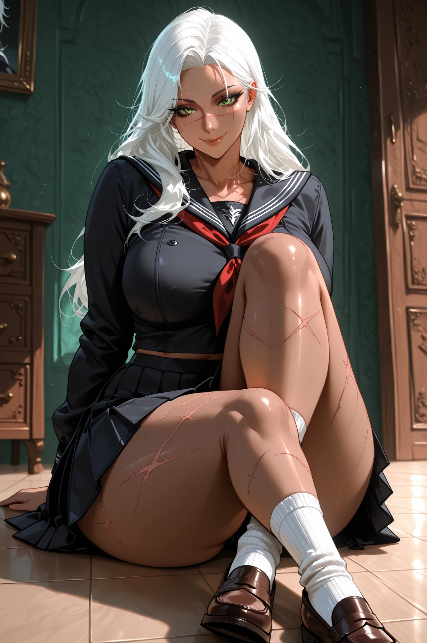 ((masterpiece, best_quality)), (photorealistic:1.4), solo, 1 girl, white_background, white_hair, long_hair, zettai_ryouiki,(black big ribbon accessories at the back of head), (sleeves rolled), toggle button pin buckle, mini pleated skirt with a slit in the front), outline nipple can be seen through the clothes, areola bulge, heels boots, belly, crotch gap, cameltoe ,shiny skin, sweaty skin, nose blush, belts boob, under boobs, long legs, ((small thigh)), plump , peach 🍑, bustier, perfect belly, huge breast, mid-length hair