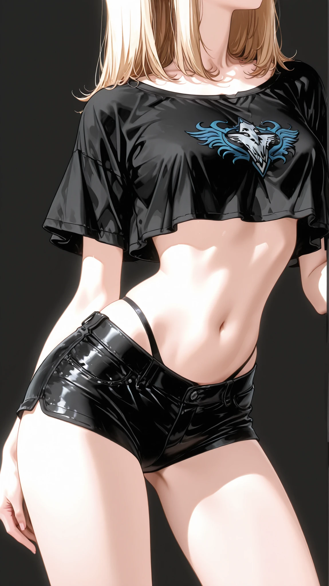 rukia, blue eyes, long black hair, pose sexy, pale body, latex shorts, black leather jacket, no bra, god rays, caustics, night, samuraipunk
