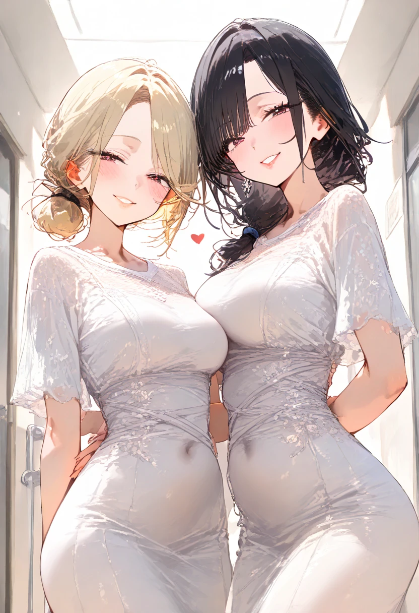 (masterpiece, Highest quality:1.2), Two Women。,One of the women has long blonde hair..、18-year-old、head band、Light brown skin、Large Breasts、thinウエスト、Big Ass、Height 140 cm。,The other woman is short., Black Hair.、18-year-old、thin、Small breasts、thinウエスト、Big Ass、height: 170cm。
