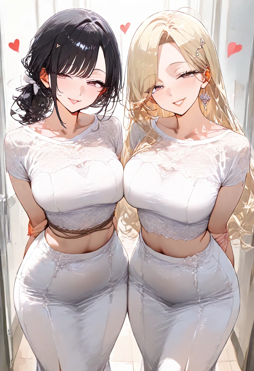 duo, 2 females, extremely long hair, cherry blonde, platinum blonde, curly hair, curly bangs, curvaceous, huge breasts, green eyes, twin sisters, cuddling sisters, smile, turtleneck sweater, wink, one arm hug, cafe, luxurious, jeans, purse