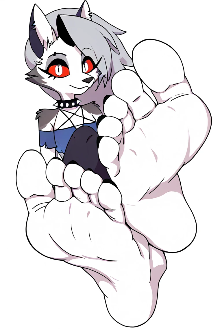 anthro, Image is a digital illustration featuring an anthropomorphic character, loona from Helluva boss. The character has a sleek, stylized design with predominantly white fur. The character's eyes are red. The focus is loona from Helluva Boss character with her paws prominently displayed. (Loona footstomp them viewer). (Barefoot.) She is wearing a gray crop top and short shorts, with black stirrups on her legs that stop mid way of her soles and thighs. Focus on her (paws features): (four toes with slight spread),( shiny and soft black pawpads), visible toe claws, and detailed paw fur between the toes. (Foot arch) (sole wrinkles) Emphasize the pawpad details, sole wrinkles, (loona from Helluva Boss, paw hoving over the camera from below if shes about to step on it.) (Pov stomped) (pov paw over  viewer) (pov stepped on) The background is a office hallway setting but its all gray and light gray.
