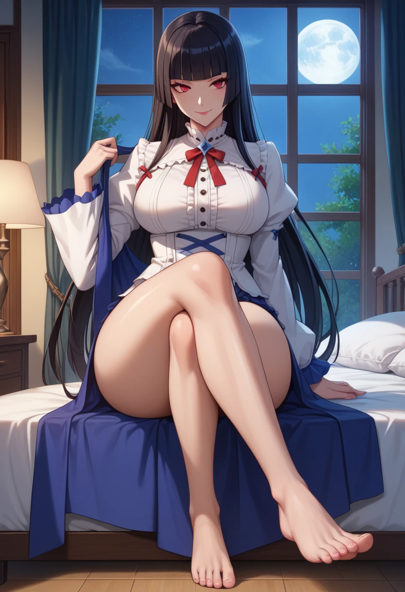 Illustration, Hestia, Is It Wrong to Try to Pick Up Girls in a Dungeon?, anime girl, long brown hair (curly, and with a few loose strands), sweet expression (with a hint of shyness), white and blue dress (flowy, and with a few ribbons), large breasts (34C, firm, and perky), curvy figure (hourglass, 24-inch waist, and 36-inch hips), toned legs (shapely thighs, 22 inches, and slender ankles, 7 inches), smooth skin (porcelain-like complexion, with a subtle sheen), delicate feet (size 7, with painted pink toenails), intricate details (dainty fingers, with a few rings), dynamic pose (leaning forward, with one hand on her hip), soft lighting (warm, and with a few highlights), 4k, high resolution, ultra high resolution, intricate detail, detailed texture, cute atmosphere, solo character, single figure