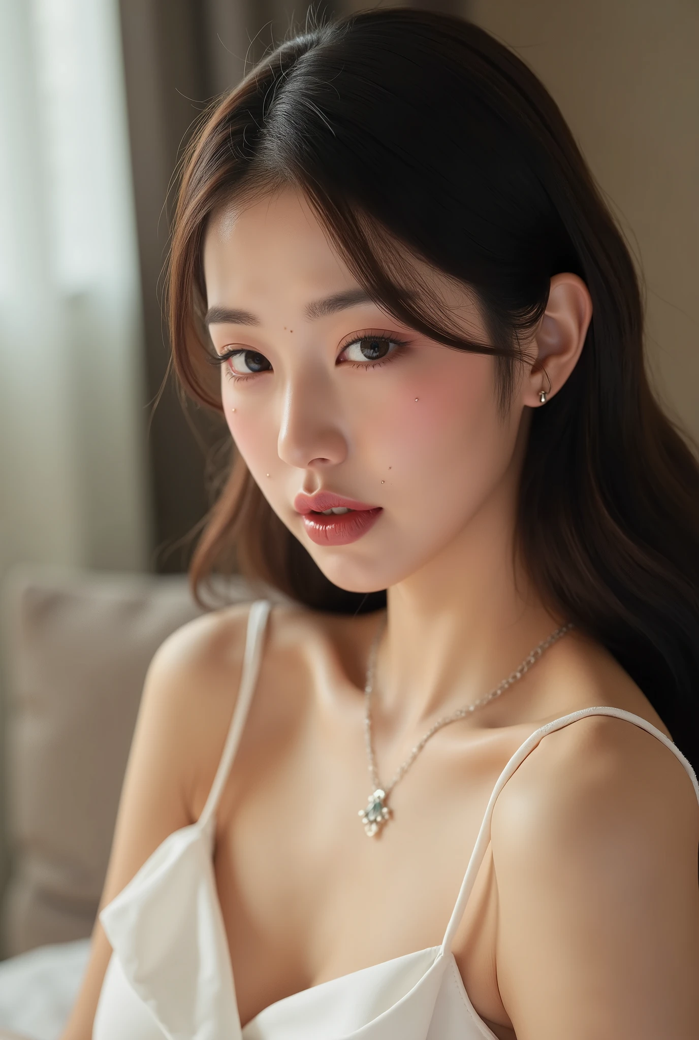 Film portrait photography, 1 girl, bare shoulders,lipstick，（flat chest：1.4）， Shoulder length wavy hair, wear necklace，Headbands，short sleeves，serene, calm, (Realistic and detailed eyes, natural skin texture, Realistic facial details), Soft dramatic lighting, depth of field, Bokeh, Vibrant details, detailed meticulous, hyper-realistic, 35mm film, hazy, in room