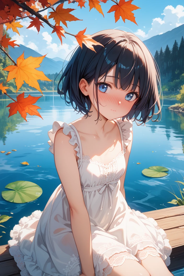 Photorealistic、Highest quality、Highest Resolution、Highest quality、8K、One beautiful woman、Bob Cut Hair、Dark Hair Color、Light blue eyes、sunny、hot spring、hot springに入る、smile、Looks happy、
