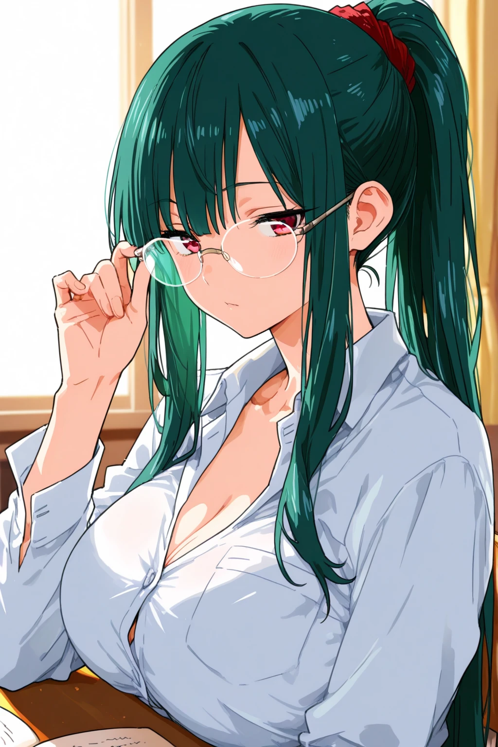 1girl, ((Zenin Maki from Jujutsu Kaisen)), elegant erotic beautiful girl, ((long green hair with pony tail and straight bangs)), detailed face portrait, (((glasses))), maxi dress, adultery, indecent, vulgar, (best quality,4k,8k,highres,masterpiece:1.2),ultra-detailed, intricate details, delicate facial features, beautiful amber eyes, ulzzang, long eyelashes, small nose, full lips, porcelain skin, natural lighting, warm color palette, chiaroscuro lighting, dramatic shadows, sensual, alluring, mature themes, artistic, dreamlike, ethereal, sideboob, cleavage, looking at viewer, ulzzang, (amber eyes), (close up face portrait), big breasts, illustrative graphic design poster style, energy, angst,