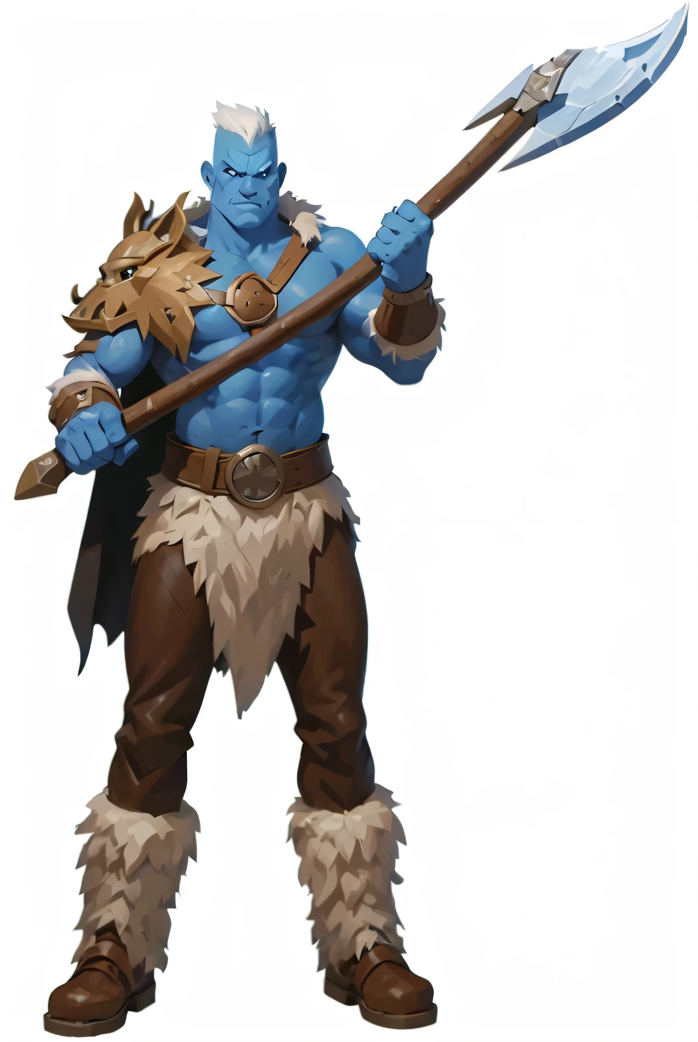 A male character with blue-azure skin, who looks like an elf as he has sharp ears, but also has a large orc build, as well as massive fangs, in azure with brown elements of fantasy armor