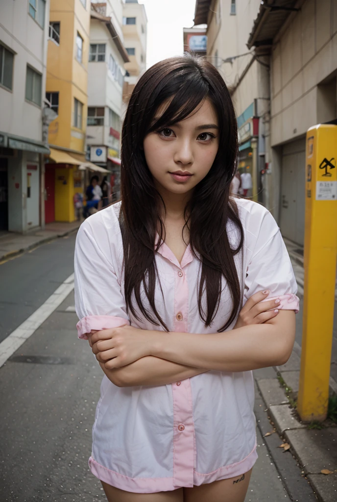 (A high school girl bends down on a Tokyo street to pick up a dropped letter:1.2、blue sky、Cleavage)、((school uniform、blazer、Pleated skirt、Navy blue socks、loafers)、the wind is strong、(Realistic、Like a photograph、Live Action、8K, Realistic, RAW Photos, Best image quality: 1.4), Single-lens reflex camera、RAW Photos, Highest quality, Realistic, Highly detailed CG Unity 8K wallpaper, Written boundary depth, Cinematic Light, Lens flare, Ray Tracing, Realistic background、((ultra high density skin))、 Teenage girl on her way to school,Cute Japanese、(YThe buttons on her shirt are undone, exposing a small portion of her bra.:1.4、Big Breasts、The top part of the bra is visible.)、(whole body:1.5)、Super detailed face,avert your eyes:1.1、(Silver inner color hair、Straight Long Hair:1.2、My hair flutters in the wind:1.4)、I like that style、stylish、Very detailed、Pay attention to the details、Perfect outfit、(Sunburned skin)、View from above、Accurate hands、Accurate legs、Detailed hands and fingers、Anatomically correct body、Thin legs、Thin thighs、Large Breasts、Detailed bra