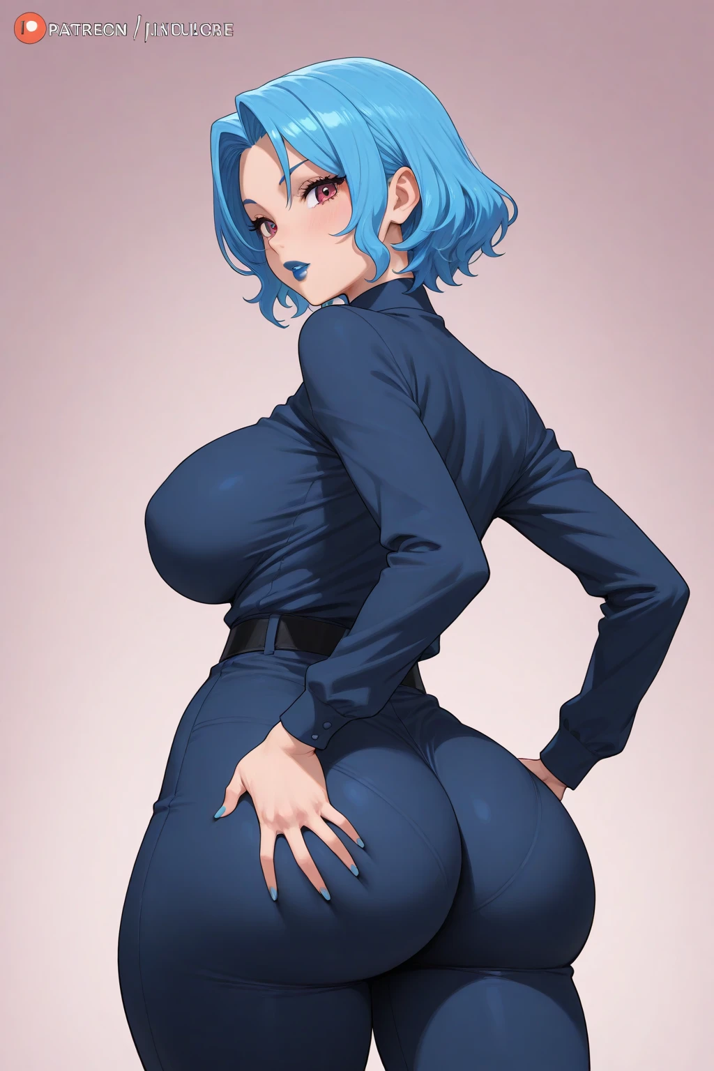Bulma in tight jeans and a topless is posing for a picture, an album cover by Louisa Puller, instagram, tachisme, thicc, domme mistress, skinny waist and thick hips, thick thighs, tight outfit, tight attire, insanely inflated hips, thick, thick thigs, curvy, wearing tight simple clothes, huge breast,1solo,1girl,full body portrait, professional draw, professional photography, blue hair, topless, (naked)(nude)(nsfw),little nipples, small little nipples, brown nipples