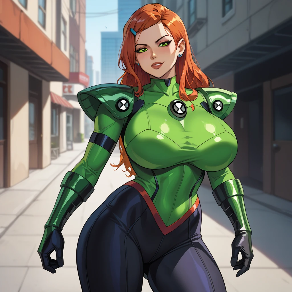 score_9, score_8_up, score_7_up, score_6_up, explore, 1girl, solo, woman, 21 year old female, muscular, huge breasts, curvy hips, tight waist, green eyes, sam \(totally spies\), orange hair, long hair, ripped fallout vault suit, blue and yellow, (big bracelet with square screen on 1wrist), deserted town, western, outdoors, realistic, sunlight, vibrant colors, masterpiece, action lines, hard_surface,
1960s \(style\), classic ad, fallout, detailed_background, NSFW,