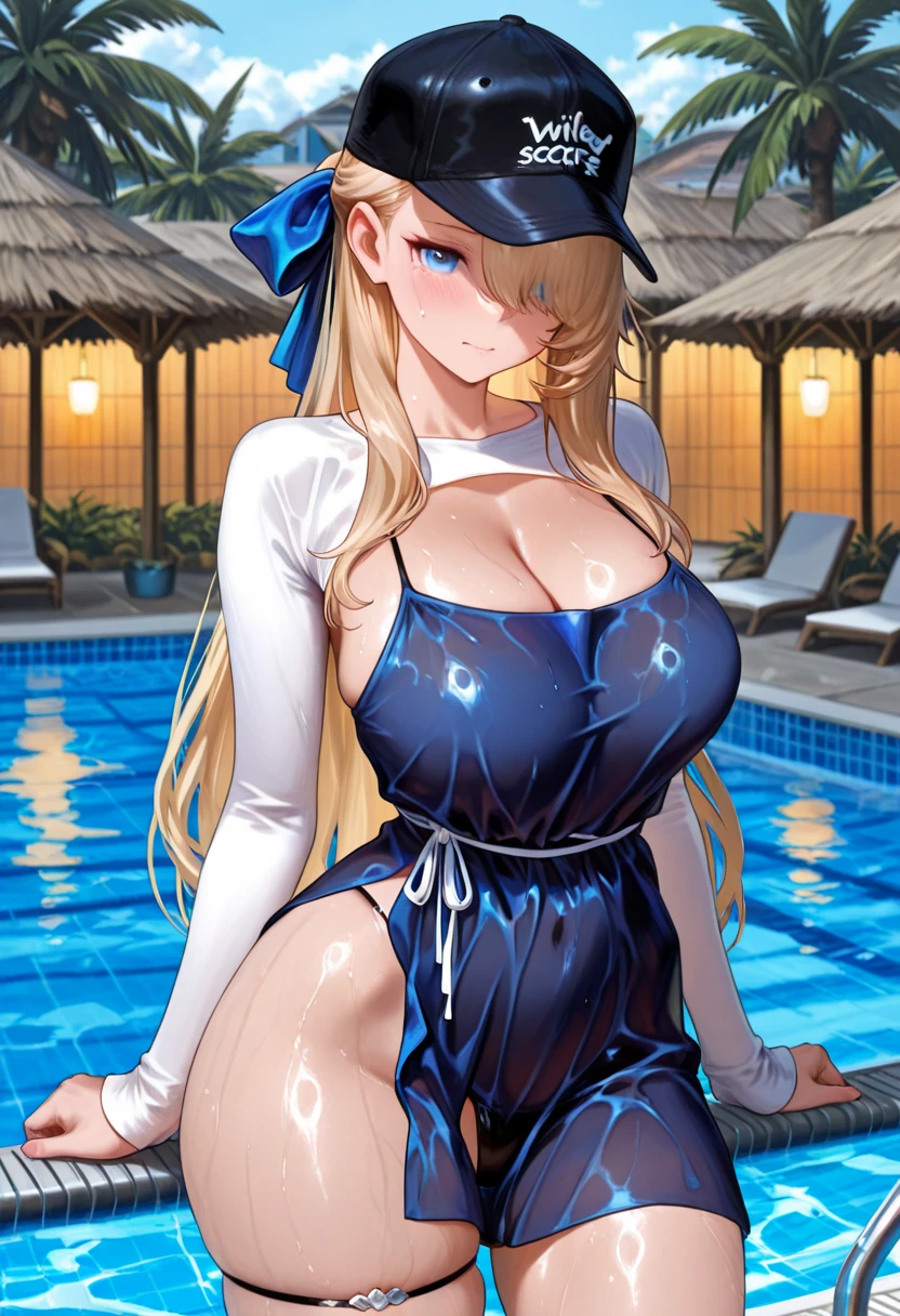 hmrb, Rebecca bluegarden (eden zero series), 1woman, solo, long hair, blonde hair, blue eyes, large breast, hair ornament, hairclip, earrings, detailed face, beautiful detailed eyes, beautiful nose, perfect eyes, perfect face, beautiful character design, perfect body, first-rate female bodies, jewelry, (white shirt), cleavage, cleavage cutout, blue details on clothes, white necklace, bare shoulders, (black detached sleeves), short skirt, pencil skirt, (black skirt), small side slit, black shoes, (8k, masterpiece, ultra HD): ultra-detailed, perfect anatomy and correct limbs, perfect light, colored skin, high definition photography, extremely detailed clothes, intricate and maximum details, balanced and composition, high quality and resolution, finely detailed, extreme skin and hair texture, highly detailed background, background: indoor house scene, standing,