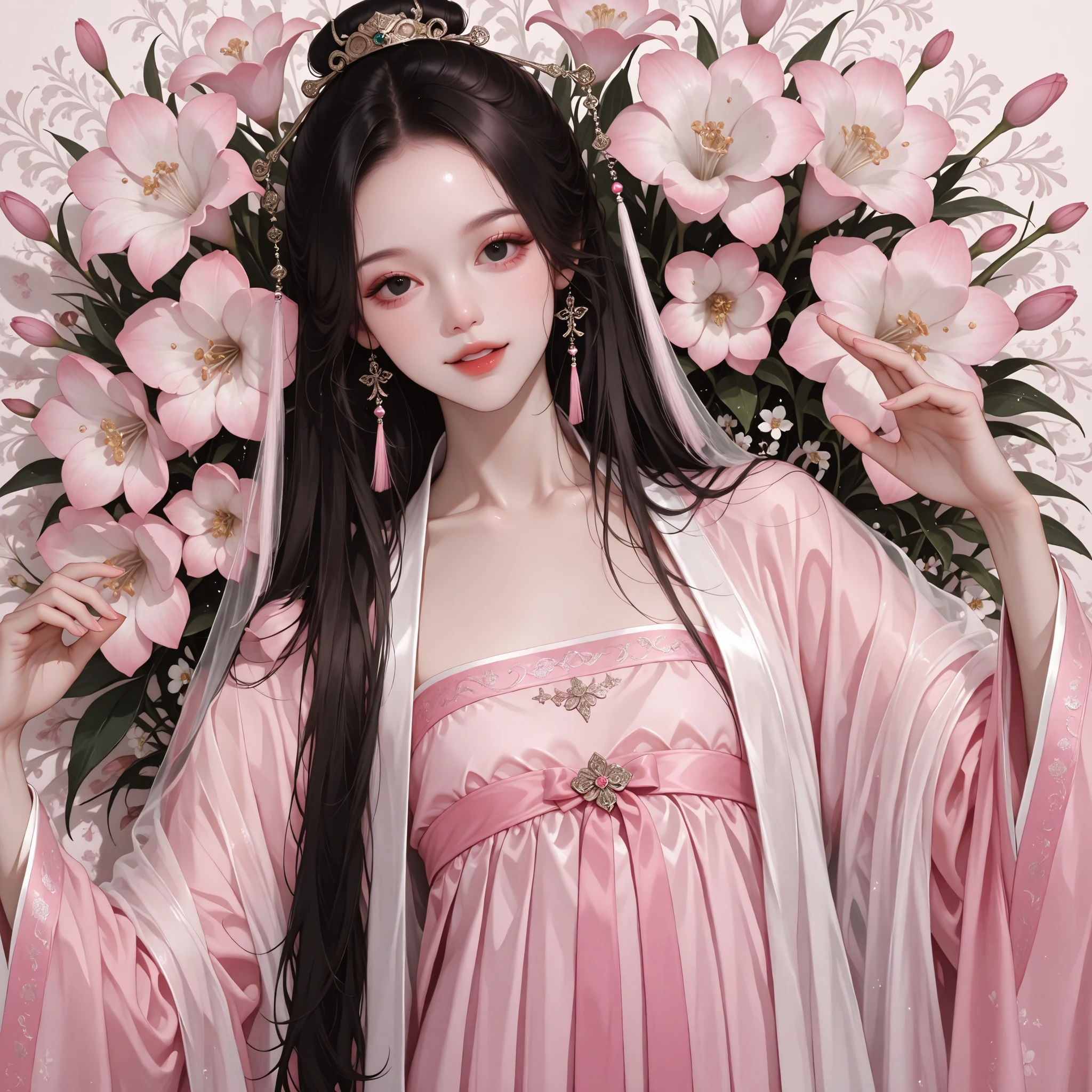 very aesthetic, 걸작, 고해상도, 8k 해상도, high contrast, (semi-realistic), newest, koreanai, best_quality, finely_detailed_eyes_and_detailed_face, (1 girl), beautiful,  pretty, fantasy, solo, long_hair, (no bangs, forehead exposed), flat_chest, skinny, round_face, broad shoulders, short_height,  short_girl, small_girl, black_eyes,ruanyi0758,hanfu,pink dress,see-through,shawl,wide sleeves,jewelry, ,  open_mouth_smile, fighting_pose, kung_fu, martial_arts, looking_at_viewer, standing, orchids background, dynamic_angle,  dynamic_pose, upper_body_shot , black_hair