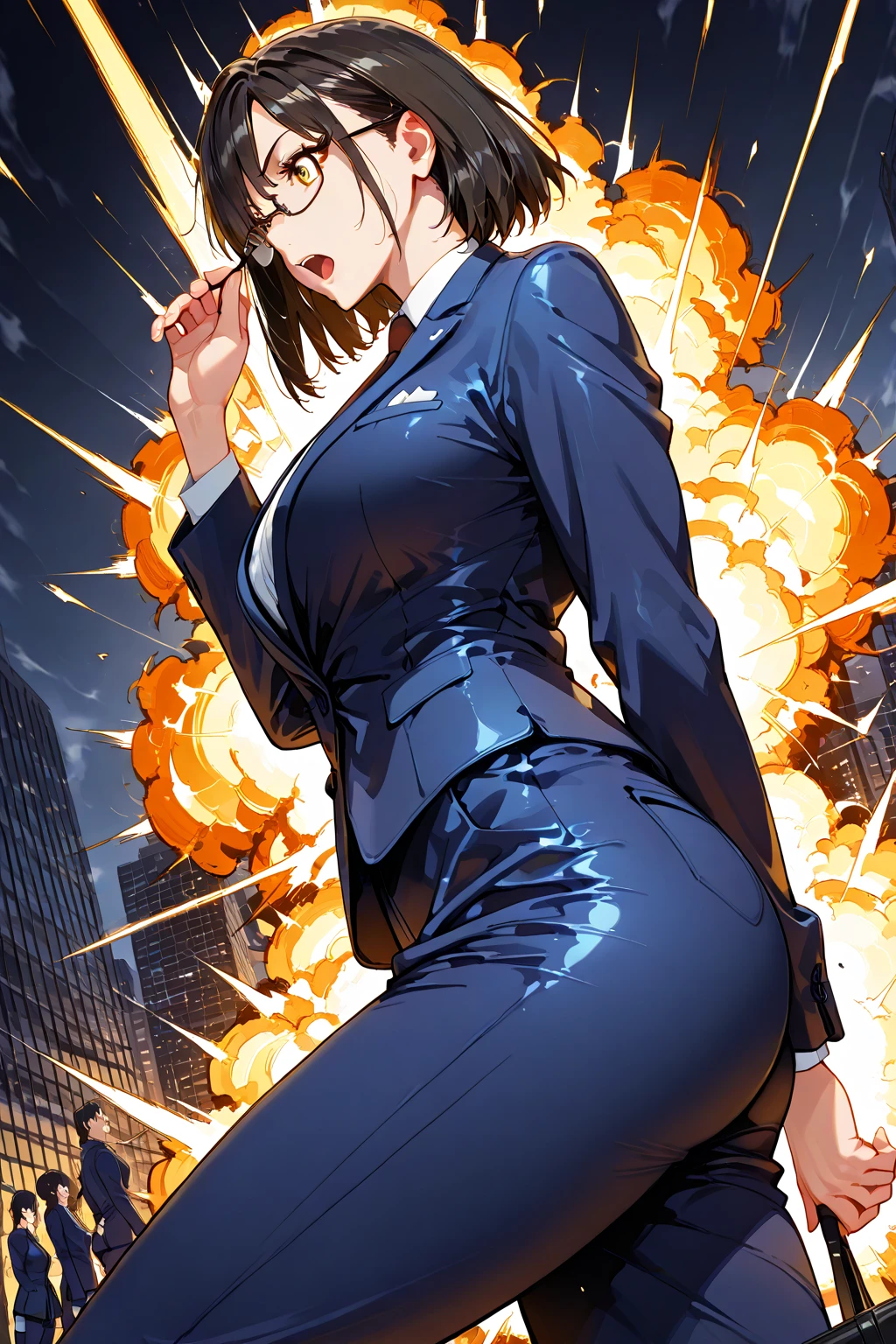 a afroHero (masterpiece, best quality), Female brunette, woman character, (((looking out the window seeing an explosion in the distance in the city, surprise pose))), (comic style artwork with perfect anatomy), perfect body, transparent wet ultrathin white dress shirt unbuttoned, black knee high tights, (black short miniskirt), highly detailed--no outline