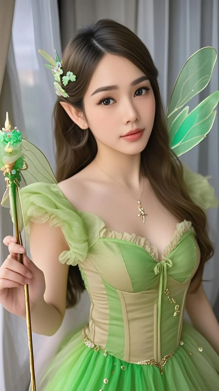 (absurdities, official art, Unity 8k wallpaper, ultra detailed, high quality, best quality), an elf girl, detailed face, beautiful green eyes, medium breasts, black hair, pearl necklace, blush, flower bow, skirt, ass, smile, two sides up (butt support), on the edge of the logo, highly detailed, absurd, masterpiece,