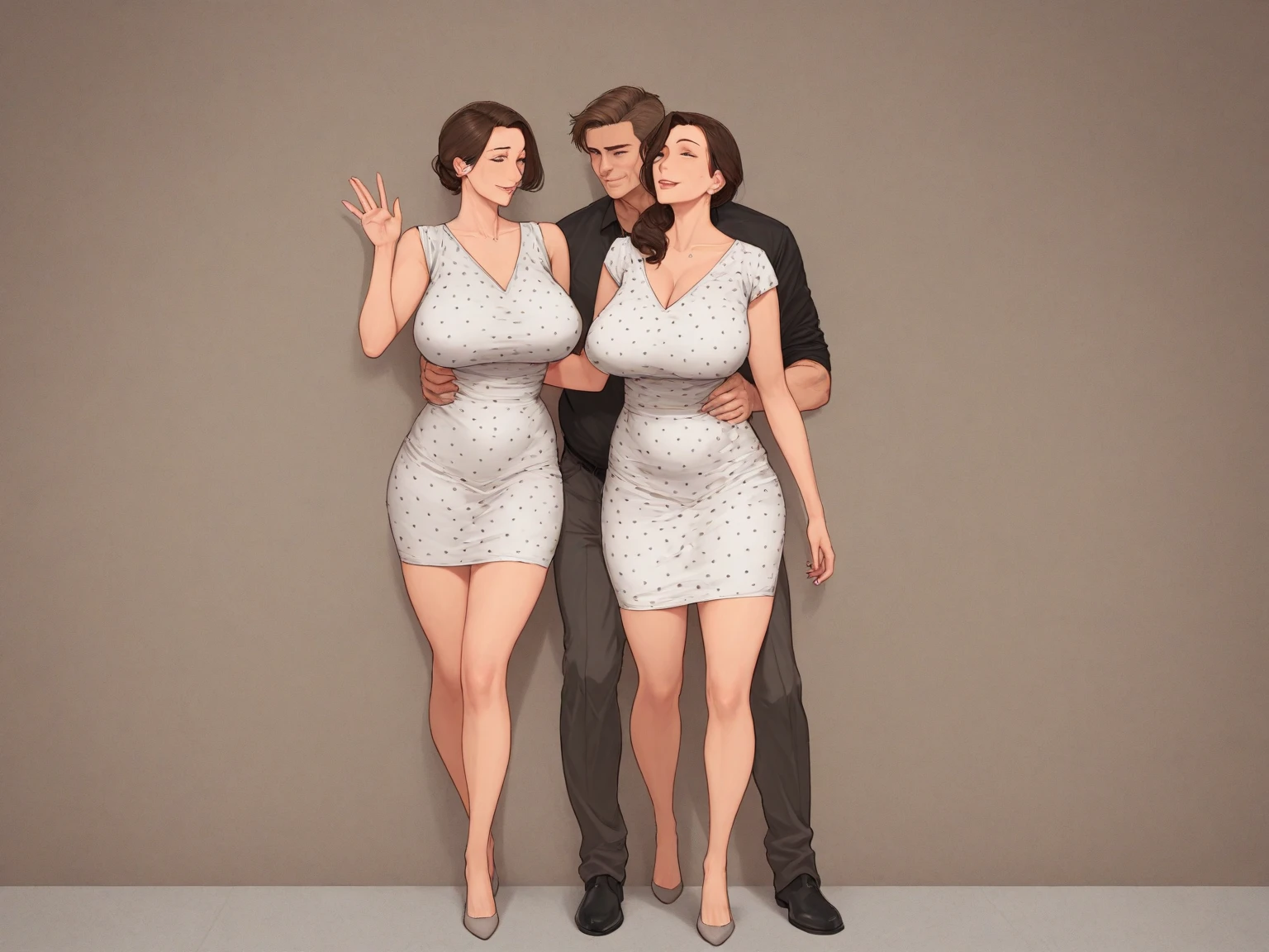 2 heads,Portrait of a 60 year old woman with brown hair, captivating gaze, brown eyes, wrinkles on her face, black pantyhose,She wears very sexy lingerie that exposes her big saggy breasts。, light makeup and red lips. 32K