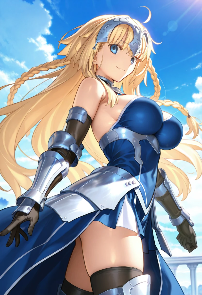 (masterpiece, best quality:1.2), 1girl, solo, blond hair, blue hairband, blue hair ribbon on the left, black gloves, knight skirt, gray background