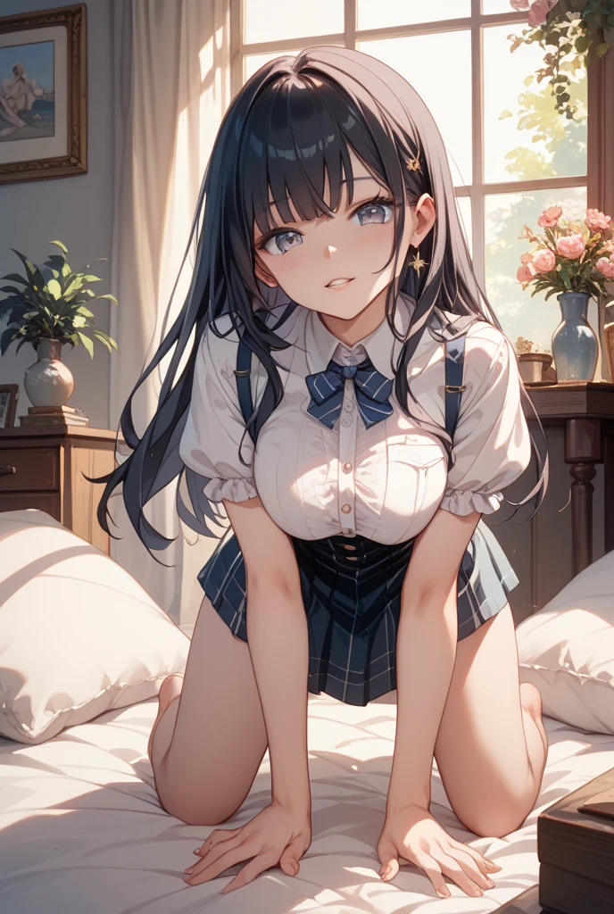Very detailed、(8k, RAW Photos, highest quality, masterpiece:1.2), (Very detailed 8k wallpaper),shape、Professional Lighting,Sharp focus, Written boundary depth、
Browsing Caution、Clear Eyes、Perfect Anatomy、With a girl、12 years old、High Ponytail、、、(blush:1.5),Open Mouth 、 In her room,White collar shirt、bow  tie 、Micro Mini Skirt,、imminent kiss,Full thighs fully exposed、