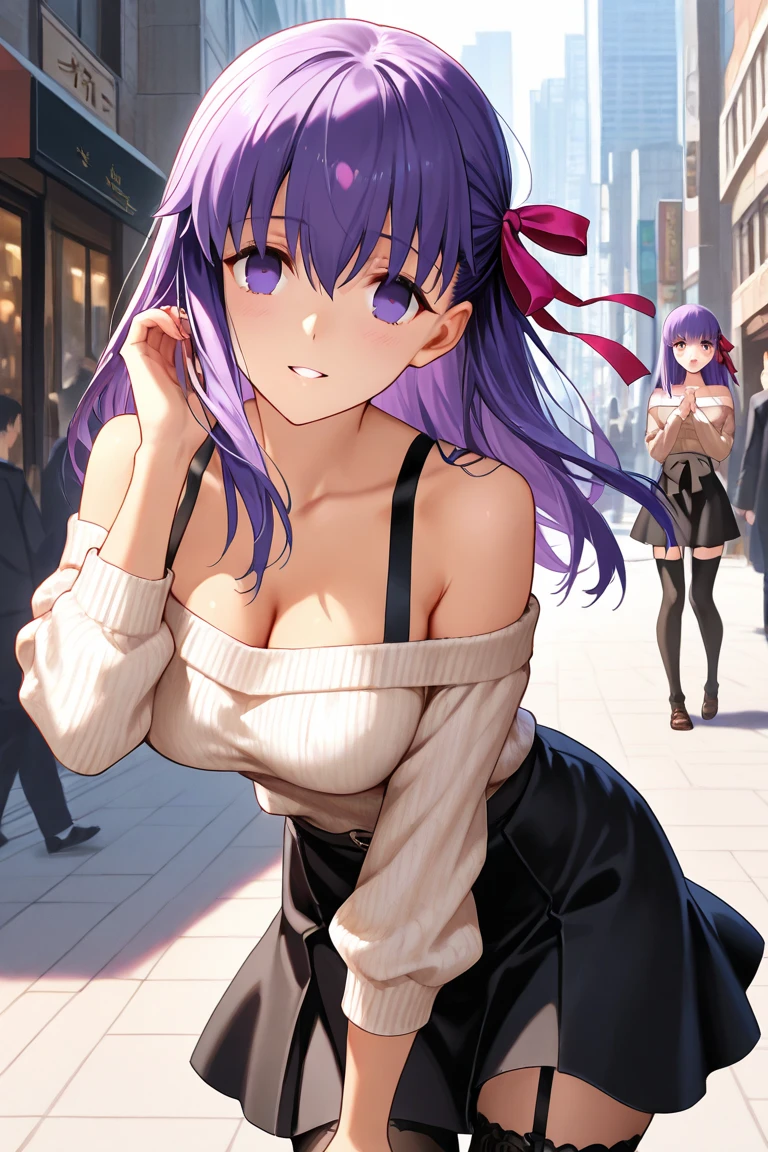 Keqing, solo, night time, moonlight, city street setting, (Anime illustration), ((detailed shadows)), (detailed lighting), (detailed buildings), detailed eyes. (dramatic chiaroscuro), ((Masterpiece)), ((perfect detailed hands)), ((intricate detail)), (flowing hair), purple hair, long hair, curly hair, ((detailed hair)), ((())), HD wallpaper, UHD image, (oversized_off_shoulder white sweater:1.2, (detailed sweater), (bare shoulder), (cleavage), (black pleaded skirt:1.2), carrying purse, smiling, perfect fingerare legs:1.2), standing, (hand behind hair:1.2), (close up), (hand behind hair:1.3)