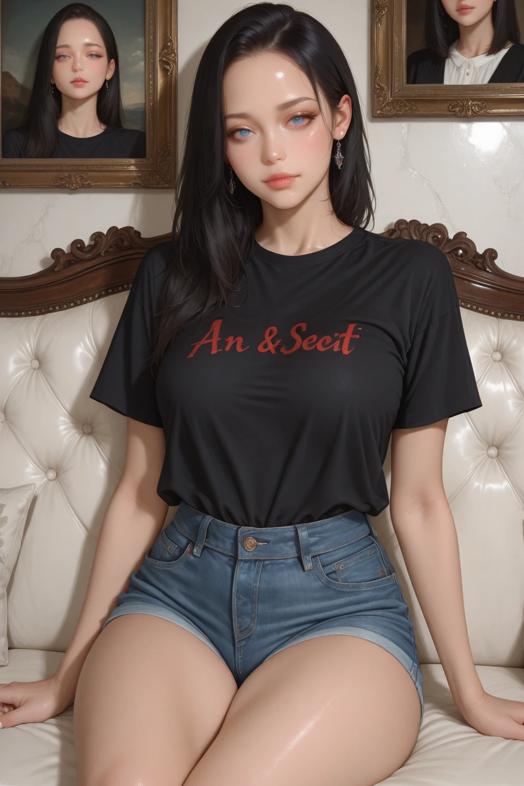 Mujer Arafed con una camiseta blanca sentada en una cama, 18 years, 16 years, 19 year old girl, pale skin persian girl, 2 4 year old female model, Long Straight Hair, Big Breasts, She is around 20 years old, She is around 20 years old, novia rusa, sexy look at the camera, Red & White