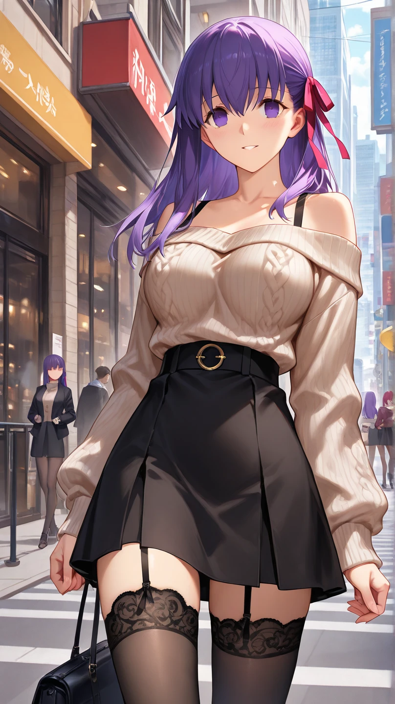 Matou Sakura, fate, tan skin, wearing an off-the-shoulder sweater, black skirts and stockings, city
