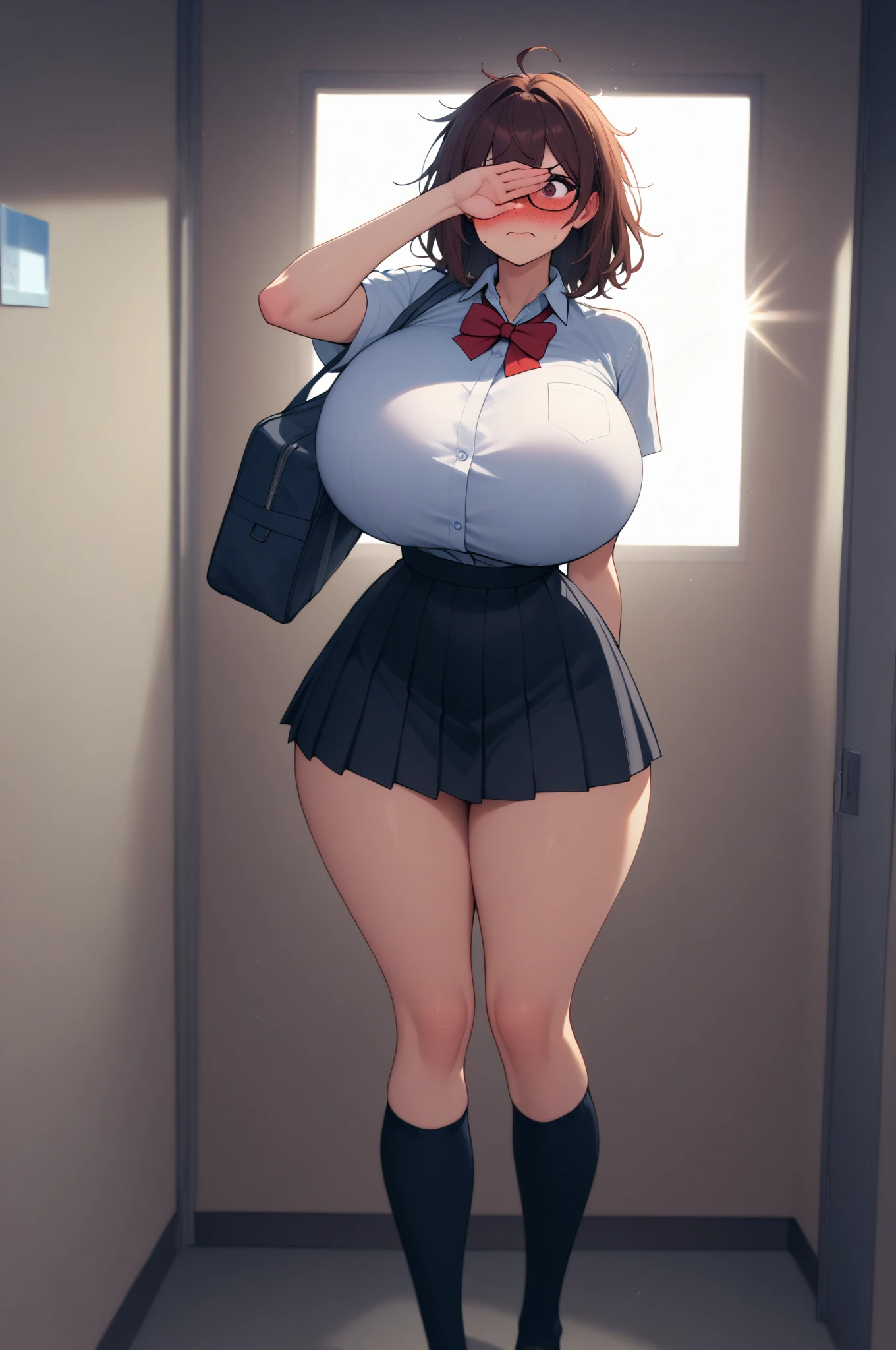 1girl in, Parted lips, blush, makeup, lightsmile, School uniform, Full body, Wide Angle, From above, crass room, llight rays, Glow, thighs thighs thighs thighs, 鎖骨, Narrow waist, (masutepiece), Wallpaper,Dark hair color、Colossal tits